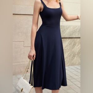 NWOT OGL Sz M Navy Blue Sleeveless midi Dress built in bra Removable padding
